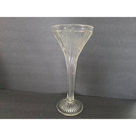 Midcentury Vintage Clear Glass Fluted Trumpet Vase 12" Tall Ribbed Design - Picture 2 of 6